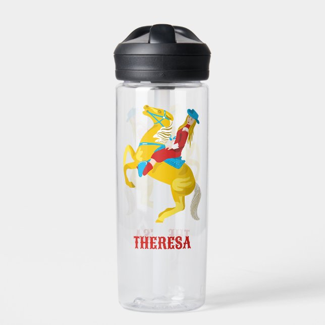 Campy Western Cowgirl on Horse Personalised Water Bottle (Front)