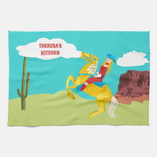 Campy Western Cowgirl on Horse Personalized Tea Towel