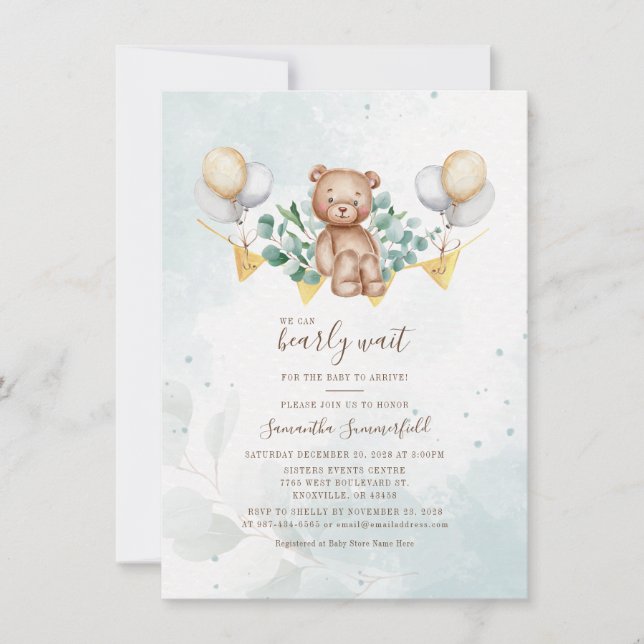 Can Bearly Wait Eucalyptus Watercolor Baby Shower Invitation (Front)