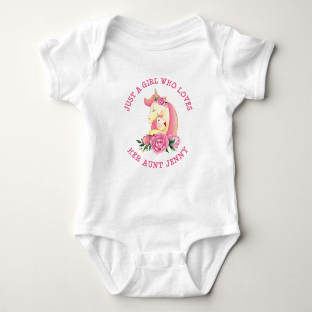 Can Change Text Girl Who Loves Her Aunt Unicorn    Baby Bodysuit (Front)