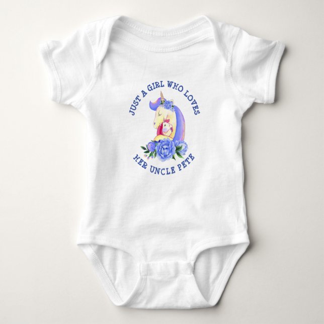 Can Change Text Girl Who Loves Her UNCLE Unicorn  Baby Bodysuit (Front)
