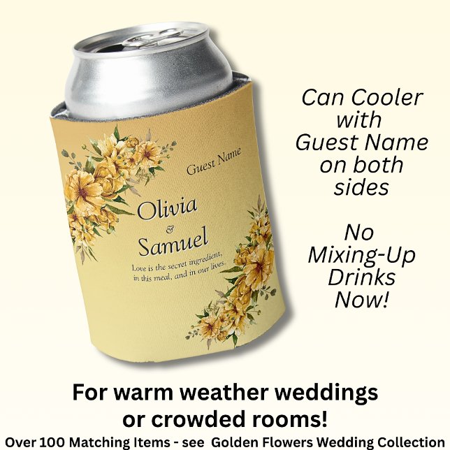 Can Cooler  with Guest Name Golden Yellow Flowers (Creator Uploaded)