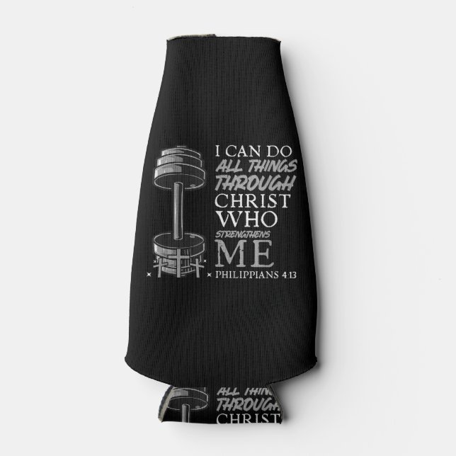 Can Do All Things Weightlifter Gym Christian Bible Bottle Cooler (Front)