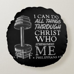 Can Do All Things Weightlifter Gym Christian Bible Round Cushion