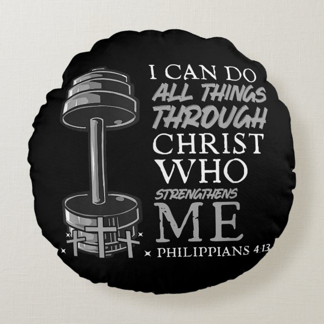 Can Do All Things Weightlifter Gym Christian Bible Round Cushion (Front)