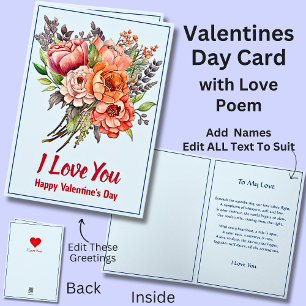 Can Edit Text, Blue Flowers & Poem Valentines Day Card