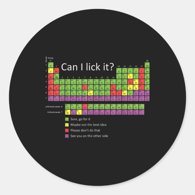 Can I Lick It Funny Periodic Table Of Chemic Eleme Classic Round Sticker (Front)
