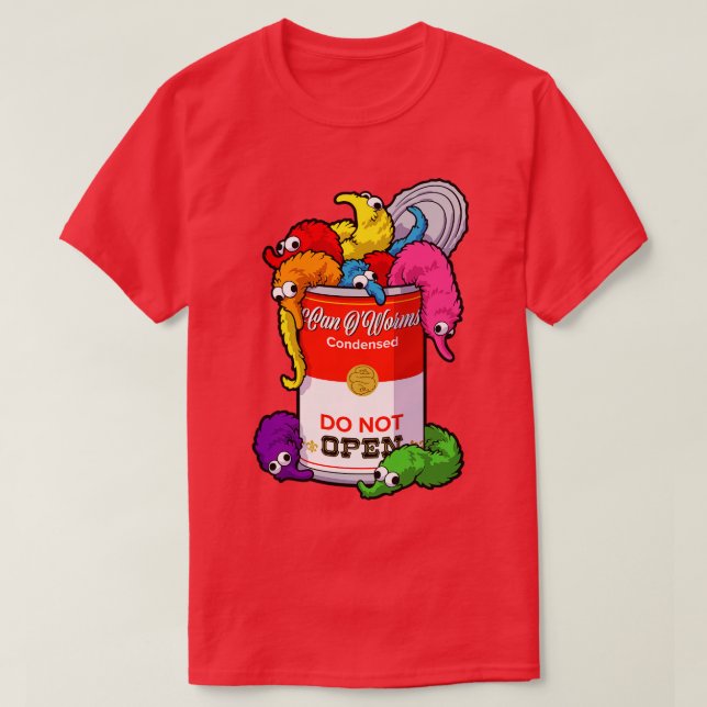 Can of Worms on a String Do Not Open T-Shirt (Design Front)