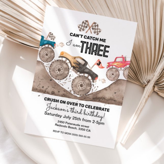 Can’t Catch Me, Three – Monster Truck 3rd Birthday Invitation (Cant catch me, I am three Monster truck birthday invitation)