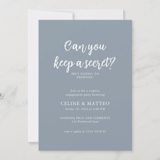 Can you keep a Secret? | Dusty Blue Engagement Invitation (Front)