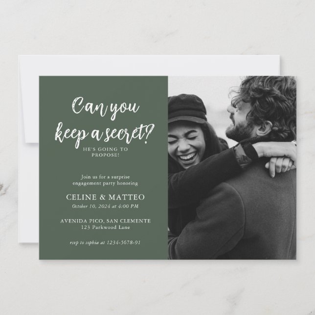 Can you keep a Secret? | Green Photo Engagement Invitation (Front)