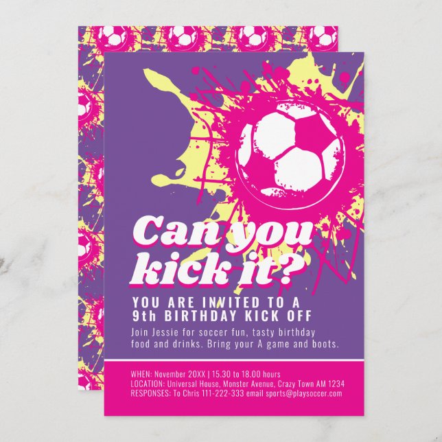 Can you kick it pink soccer ball birthday party invitation (Front/Back)