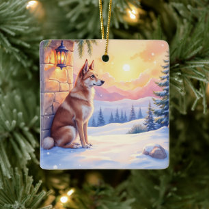 Canaan Dog Desert Stone Winter Christmas Art Ceramic Ornament