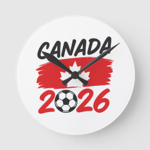 Canada 2026 Soccer Fan Design with Maple Leaf Round Clock