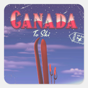 Canada Air mail to ski postcard illustration. Square Sticker