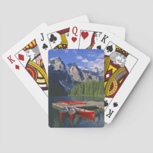 Canada, Alberta, Moraine Lake. Red canoes await Playing Cards