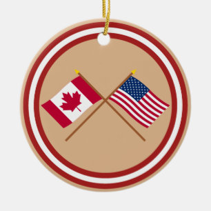 Canada and United States Crossed Flags Ceramic Tree Decoration