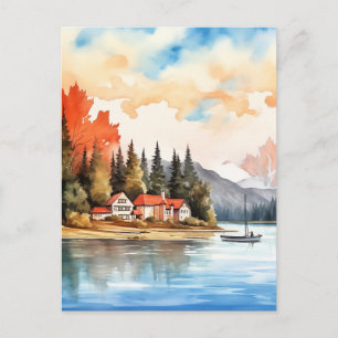 Canada Autumn Nature Lake Landscape Watercolor Postcard