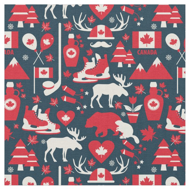 Canada Canadian Christmas Winter Moose Pattern Fabric (Close Up)