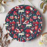 Canada Canadian Christmas Winter Moose Pattern Paper Plate<br><div class="desc">Canada Canadian Christmas Winter Moose Pattern Paper Plate. Beautiful red and white winter Canadian elements against a navy blue background. Accented with a moose,  christmas trees,  Canada flag,  maple leaf,  and ice skates. Perfect for xmas and the holidays.</div>