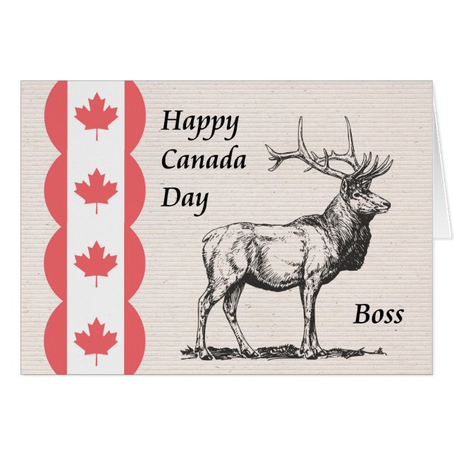 Canada Day Card for Boss with Moose & Flag Icon (Front Horizontal)