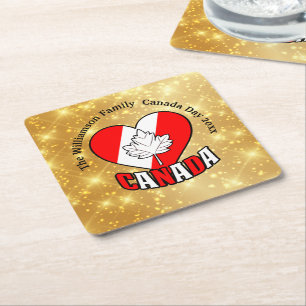 Canada Day Gold Party Personalise Name Year Square Paper Coaster