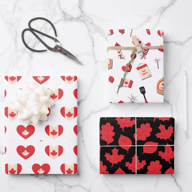 Canada Day July 1st Maple Leaf, Hearts Wrapping Paper Sheet (Front)
