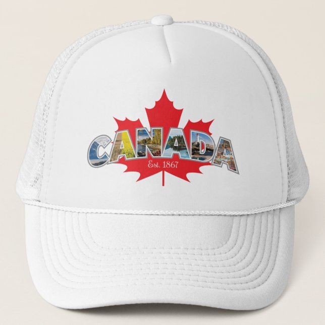 "Canada Est. 1867" With Maple Leaf Graphic Trucker Hat (Front)