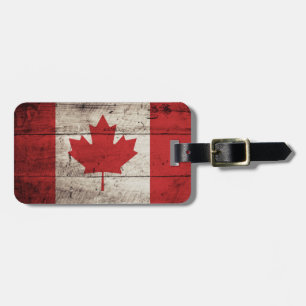 Canada Flag on Old Wood Grain Luggage Tag