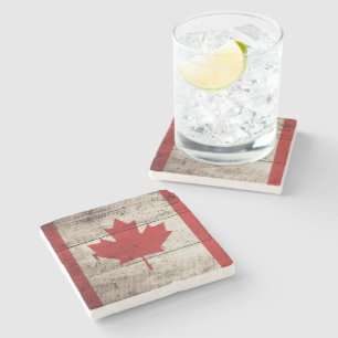 Canada Flag on Old Wood Grain Stone Coaster