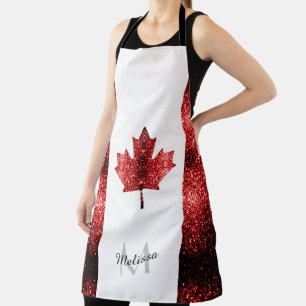 Canada flag red sparkles Monogram Apron