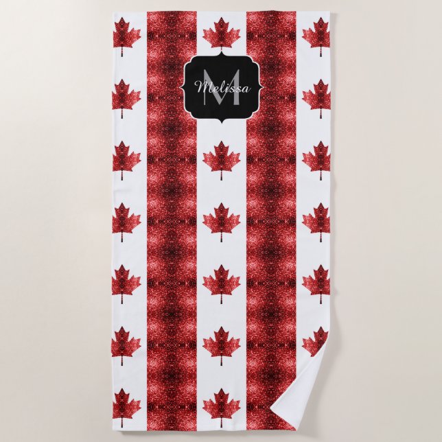 Canada flag red sparkles pattern Monogram Beach Towel (Front)