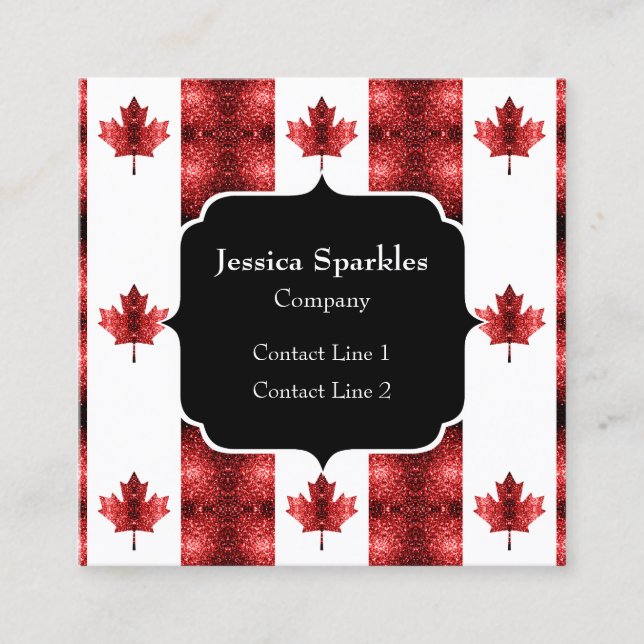 Canada flag red sparkles pattern Monogram Square Business Card (Front)