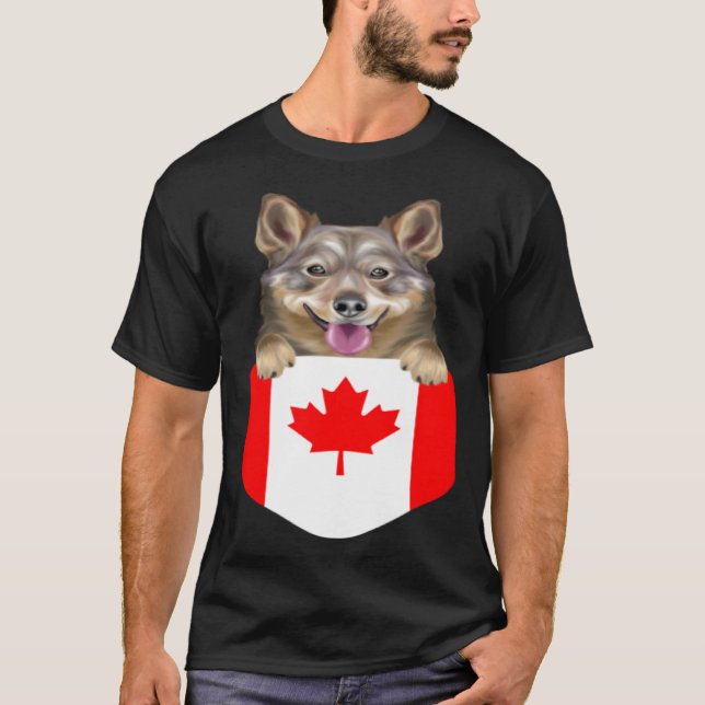 Canada Flag Swedish Vallhund Dog In Pocket T-Shirt (Front)
