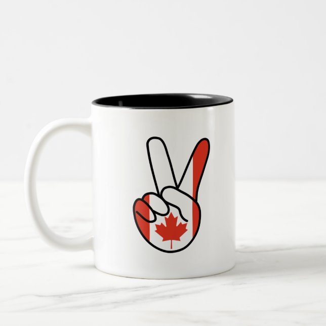 Canada Flag V Sign Two-Tone Coffee Mug (Left)