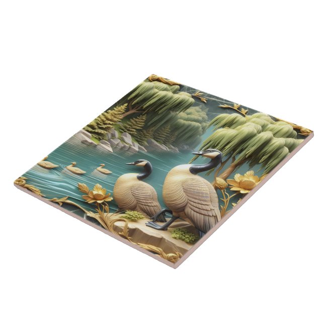 Canada Geese Amidst the Weeping Willows  Ceramic Tile (Side)