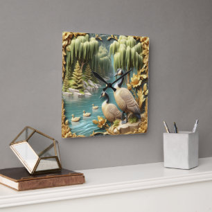 Canada Geese Amidst the Weeping Willows  Square Wall Clock