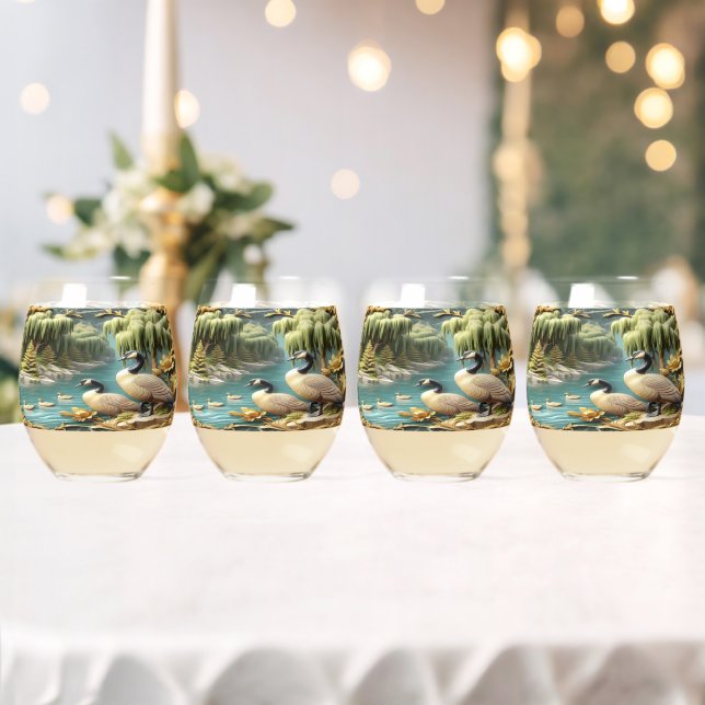 Canada Geese Amidst the Weeping Willows  Stemless Wine Glass (Insitu (Wedding))