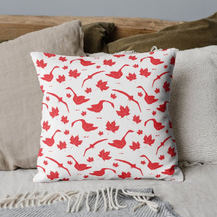 Canada Geese and Maple Leaves - Canadian flag red. Cushion