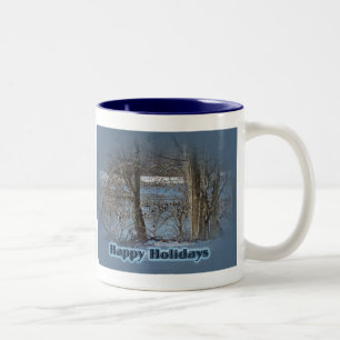 Canada Geese on Green Lane Reservoir Happy Holiday Two-Tone Coffee Mug