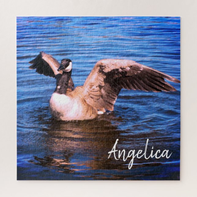 Canada Goose Flapping Her Wings Blue Water Nature Jigsaw Puzzle (Vertical)