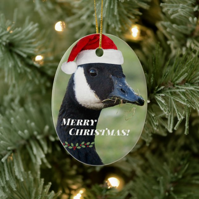 Canada Goose Wearing Red Santa Hat Holiday Ceramic Ornament (Tree)