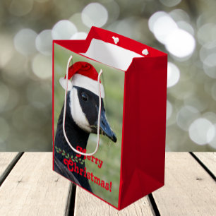 Canada Goose Wearing Red Santa Hat Holiday Medium Gift Bag