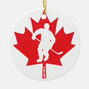 Canada Hockey Maple Leaf Player Christmas Ceramic Tree Decoration