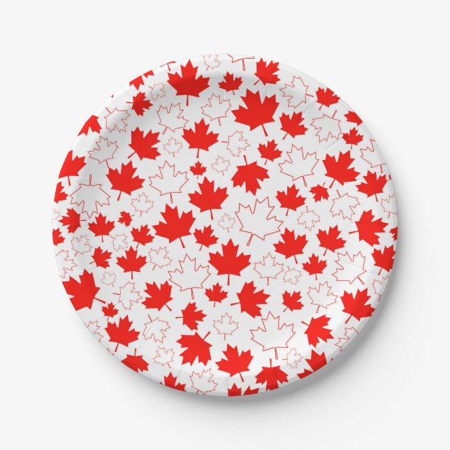 Canada Maple Leaf Red White Random Pattern Paper Plate (Front)