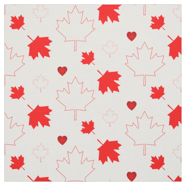 Canada Maple Leaf with Hearts on White Fabric (Swatch)