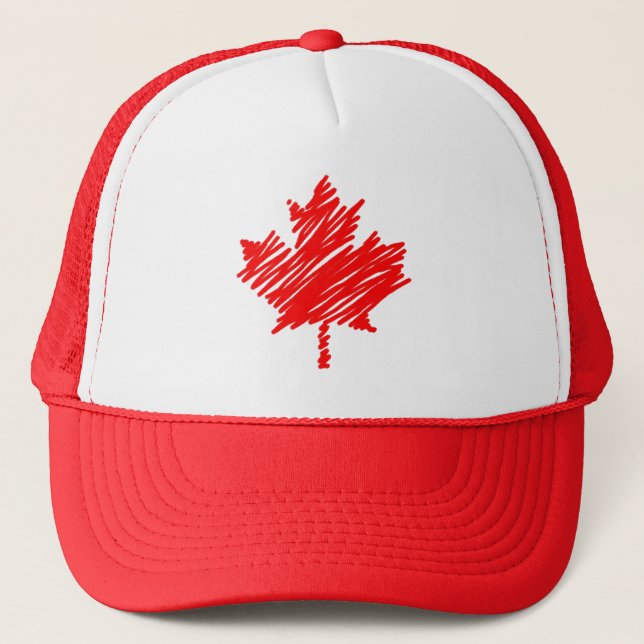 Canada Red Sketch Stylish Maple Leaf Trucker Hat (Front)