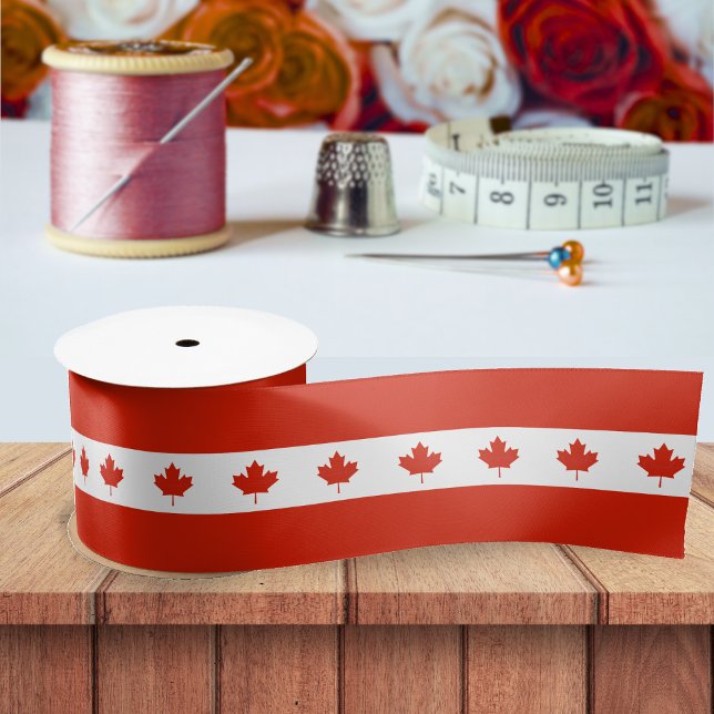 Canada Red White Canadian Flag Maple Leaf Pattern Satin Ribbon (Canada Canadian flag maple leaf pattern striped ribbon)