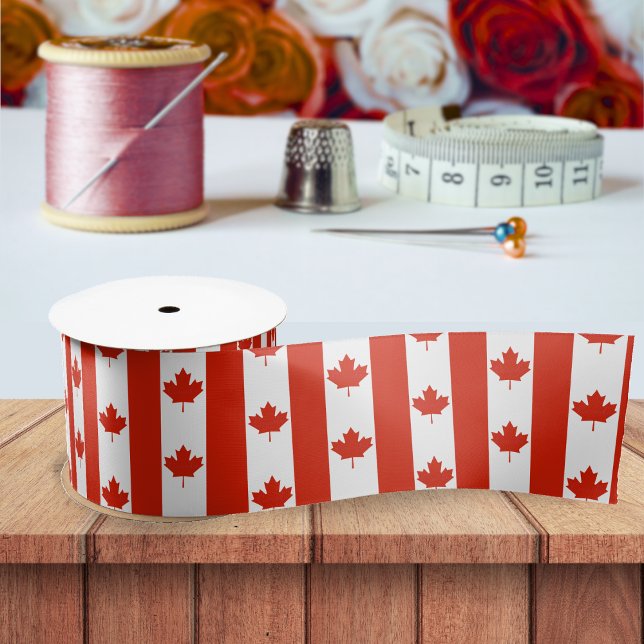 Canada Red White Canadian Flag Maple Leaf Pattern Satin Ribbon (Canada Canadian flag maple leaf pattern ribbon)