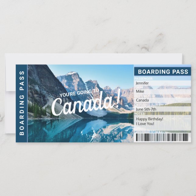 Canada Surprise Trip Boarding Pass Gift Ticket (Front)